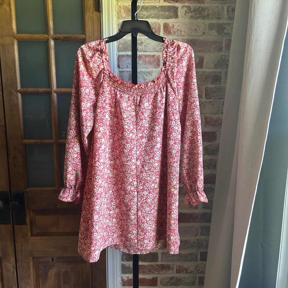 bebop Dress Womens Red Floral Smocked Square Neck Long Sleeve Mini Large